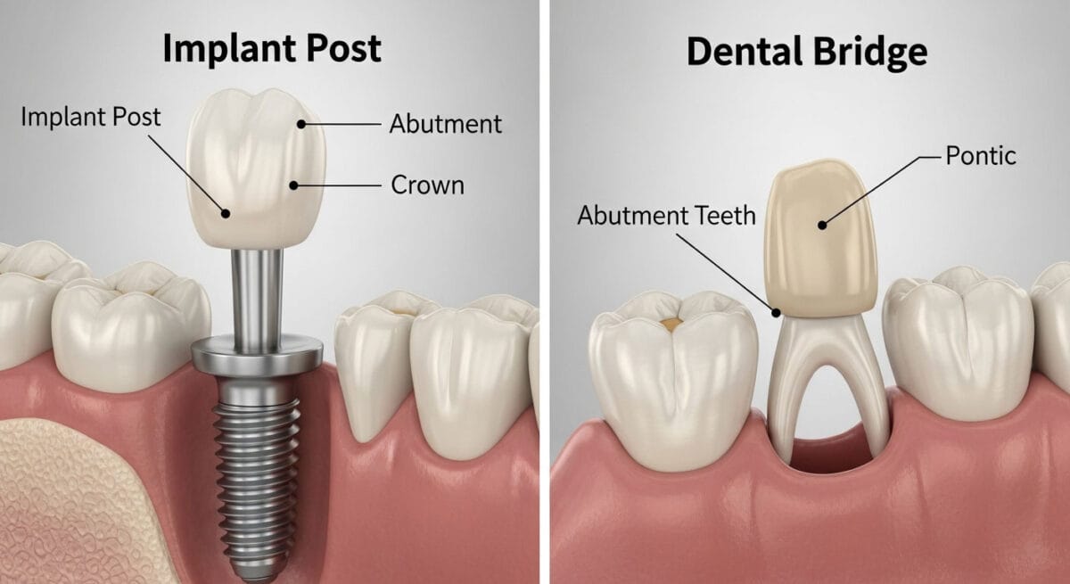 Side-by-side comparison of a dental bridge and a dental implant replacing a missing tooth, Promenade Dental Care, Murrieta CA