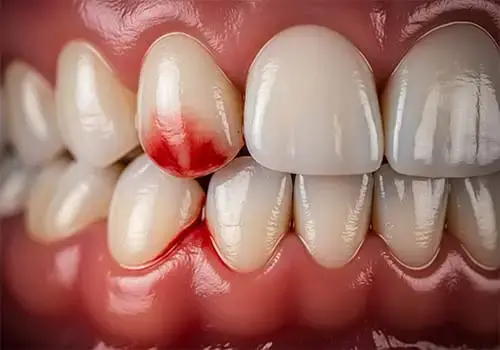 Close-up of localized redness and bleeding at the gumline, an early sign of gingivitis