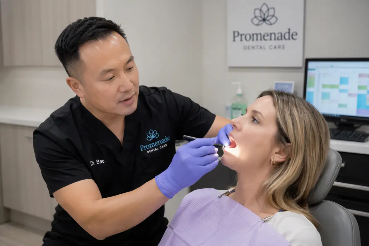 Dentist performing an oral cancer screening on a patient in Murrieta, CA