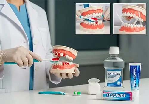 Dentist demonstrating brushing technique on a dental model beside floss, fluoride toothpaste, and antiseptic rinse