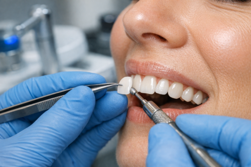 Dentist applying veneer to patient tooth
