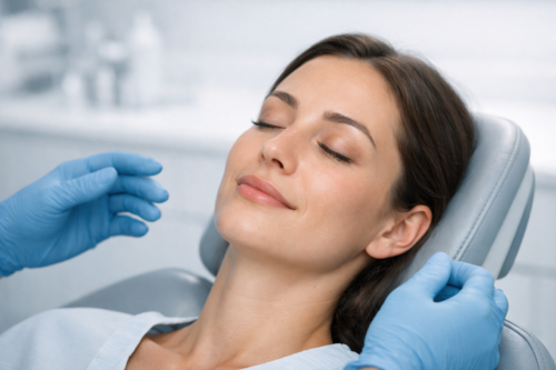 Dentist administering sedation to relaxed patient