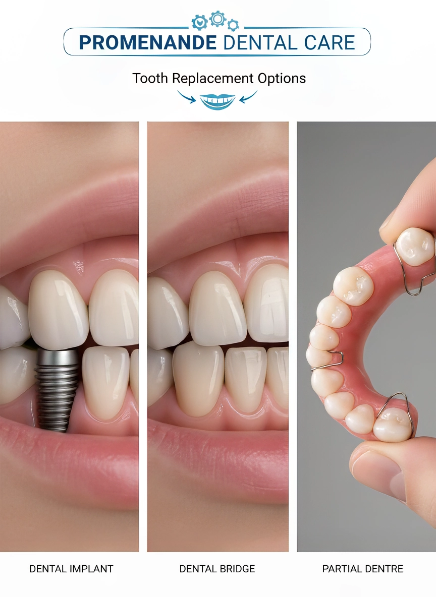 Dental implant, bridge, and partial denture tooth replacement options at Promenade Dental Care