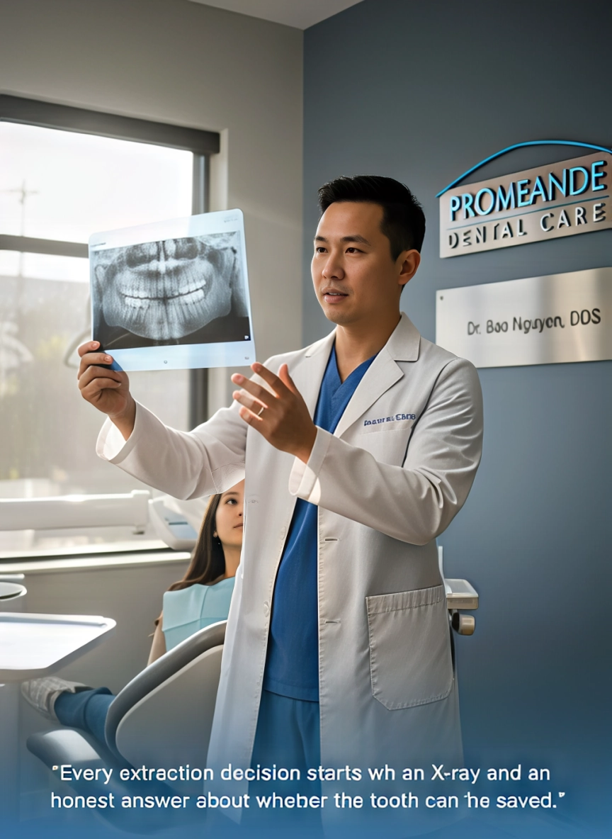 Every extraction decision starts with an X-ray and an honest answer about whether the tooth can be saved.