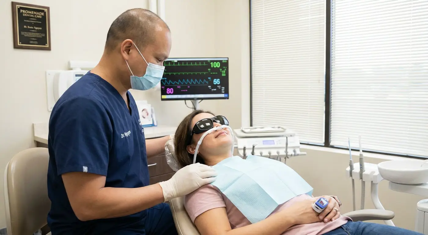 Relaxed patient receiving gentle nitrous oxide sedation at Promenade Dental Care in Murrieta