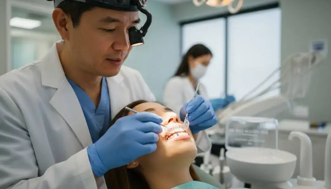 Dr. Bao Nguyen examining a patient's jaw and bite during a TMJ evaluation at Promenade Dental Care in Murrieta, CA