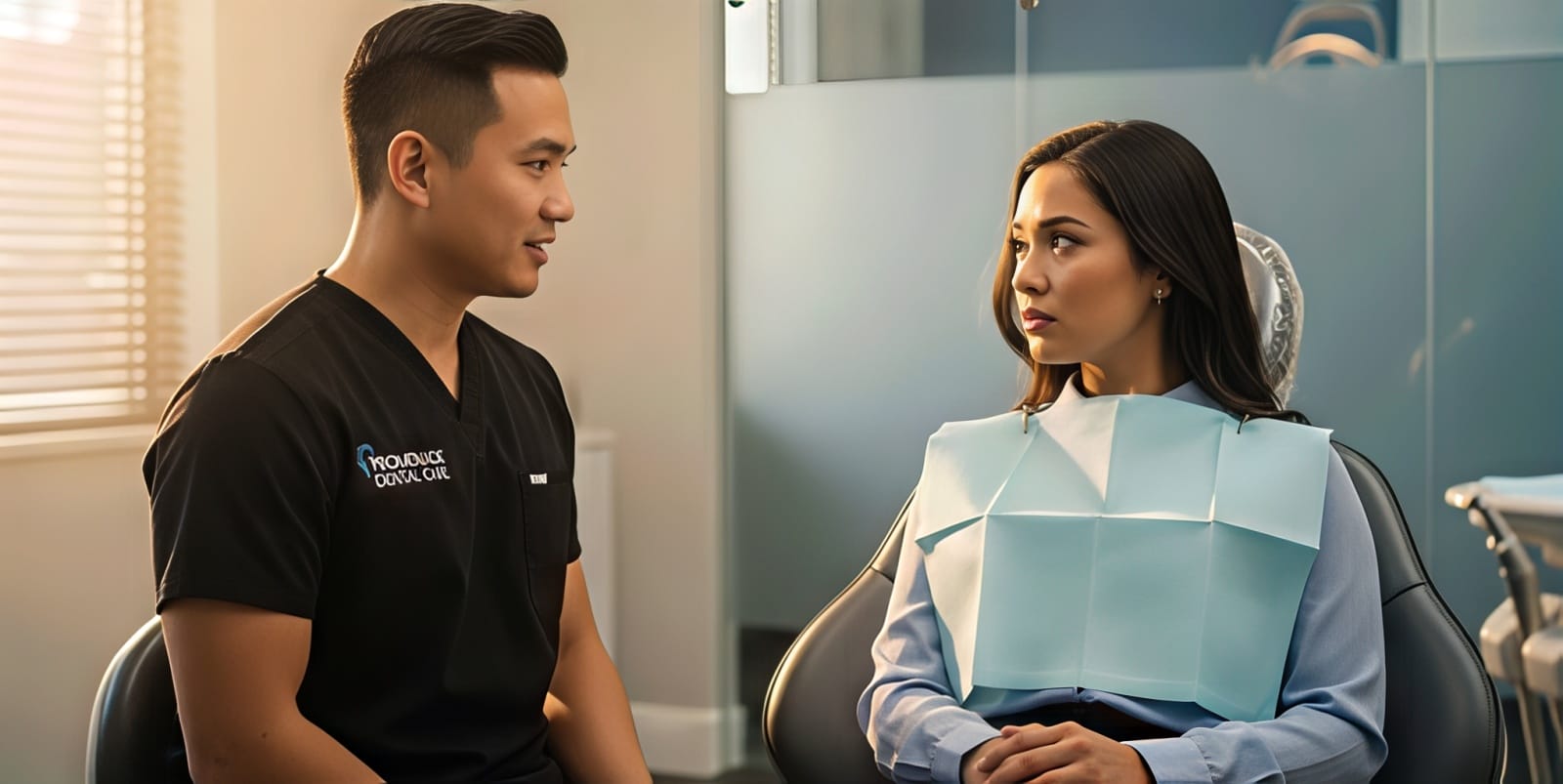 Dentophobia and dental anxiety — Dr. Bao Nguyen talking with an anxious patient at Promenade Dental Care, Murrieta