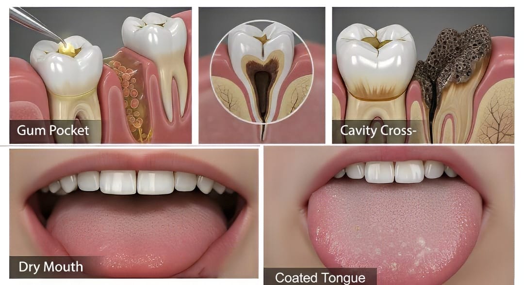 Bad breath causes compared — gum disease, bad breath from cavity, dry mouth, and tongue bacteria