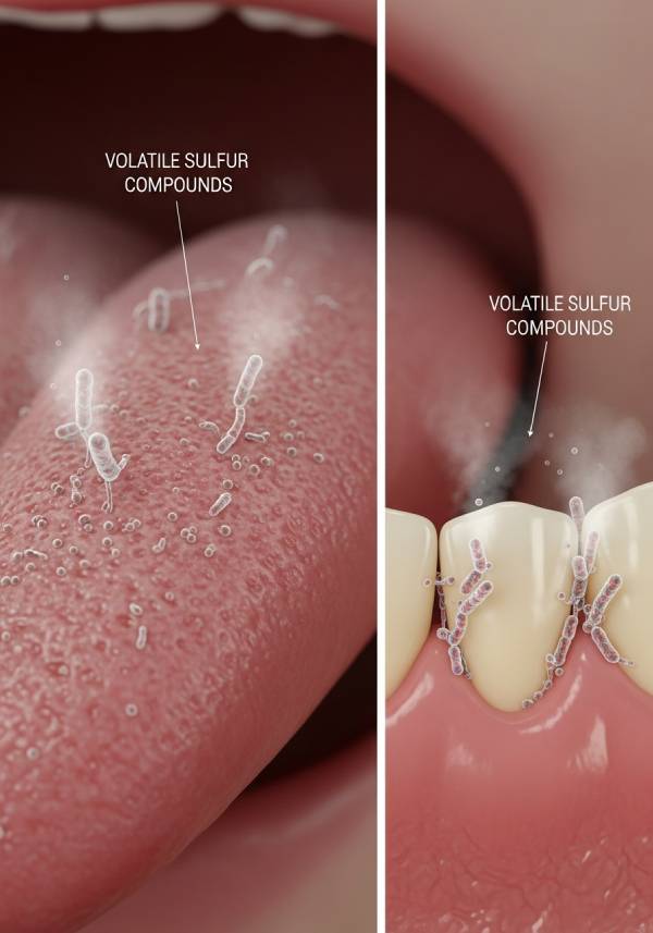 Bacteria causing bad breath — sulfur compound production on the tongue and below the gumline
