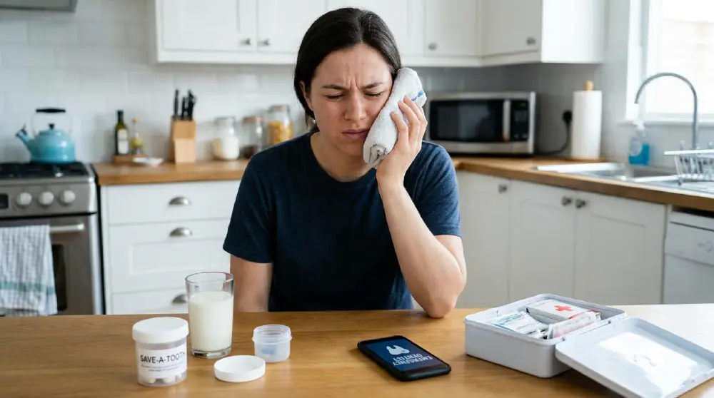 Dental emergency first aid — cold compress and tooth preservation before an emergency dentist visit.