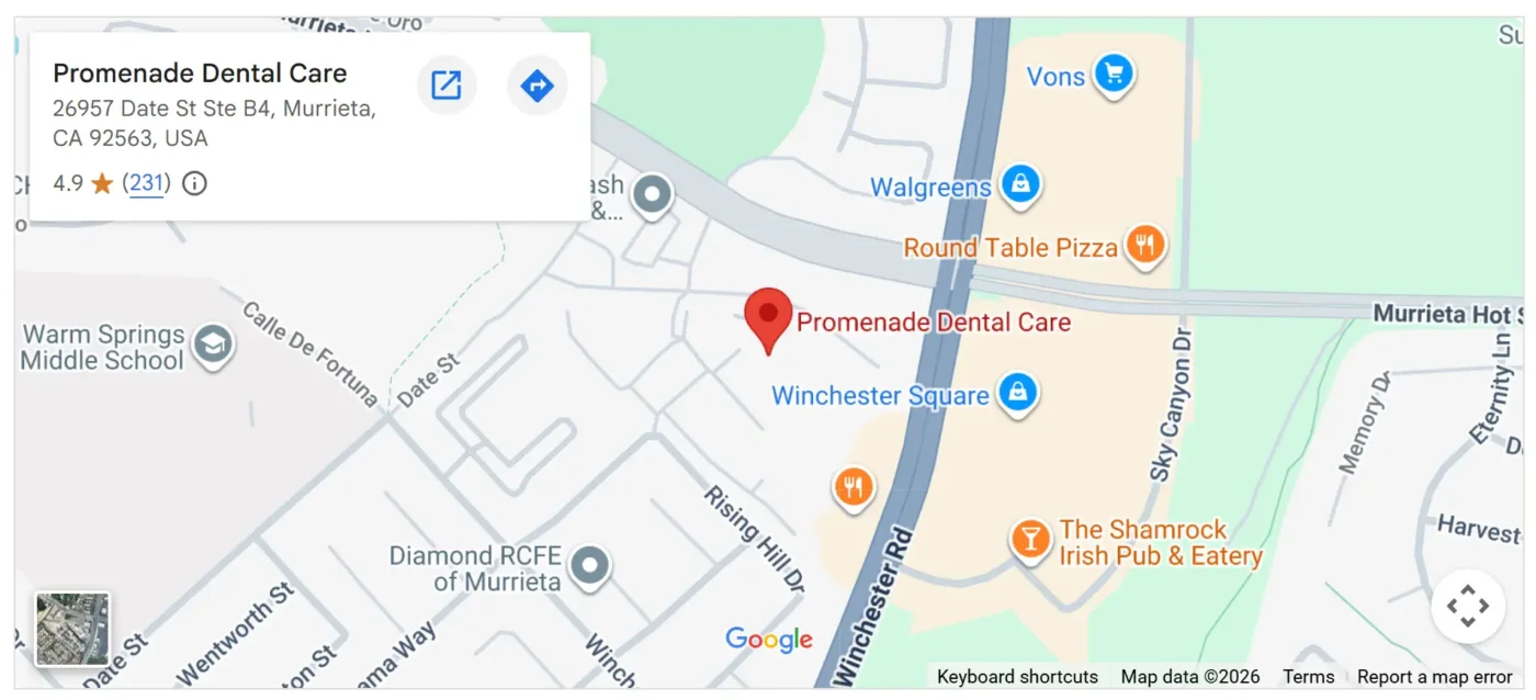Map to Promenade Dental Care in Murrieta office.
