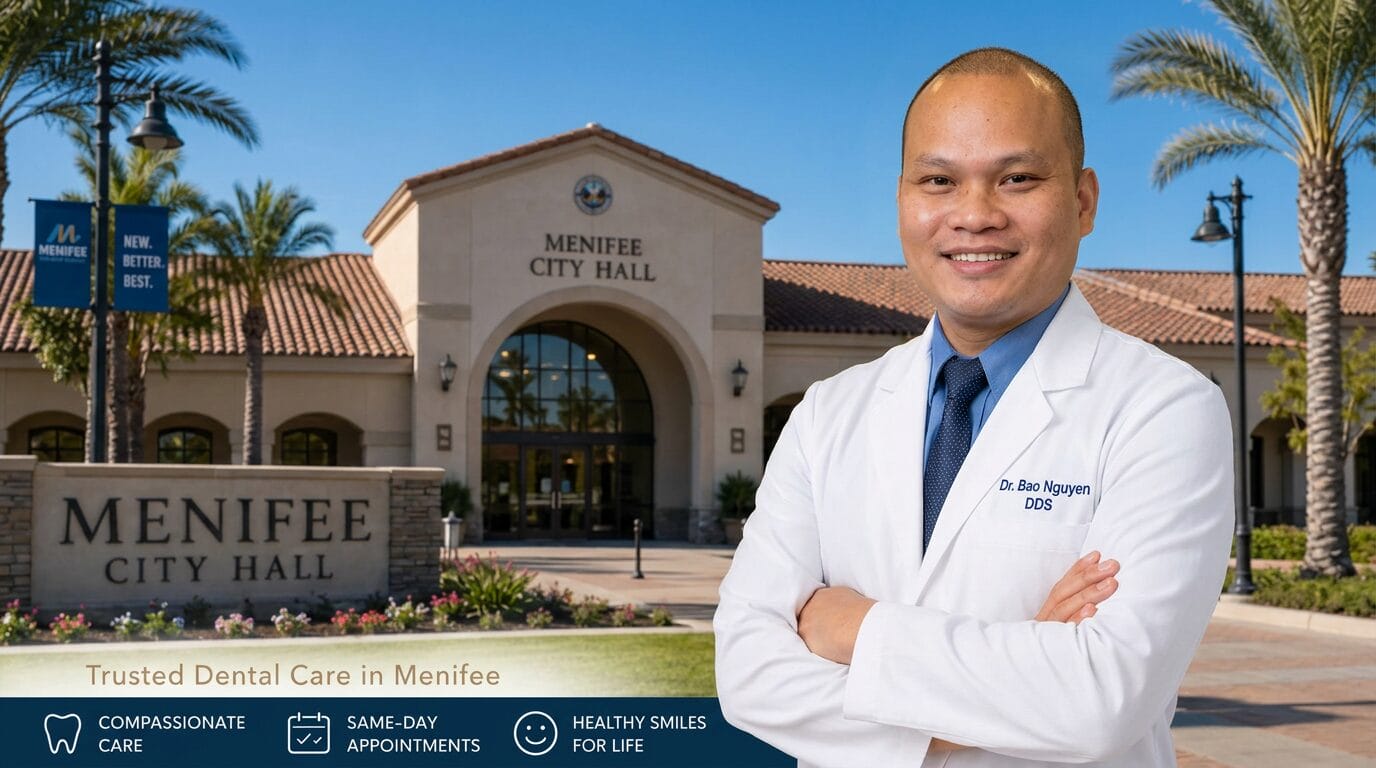 Dr. Bao Nguyen, DDS of Promenade Dental Care outside Menifee City Hall in Menifee, California