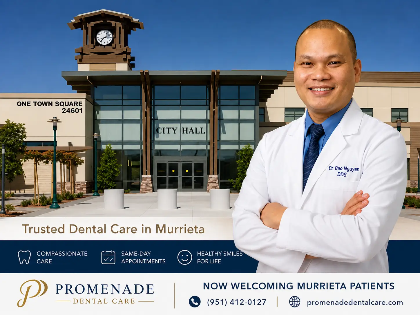 Dr. Bao Nguyen, DDS outside Murrieta City Hall near his dental office on Date Street
