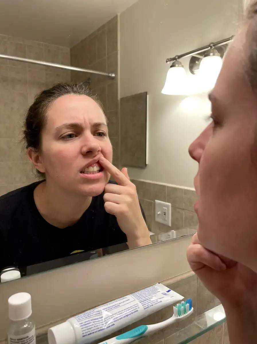 Person lifting their upper lip in a bathroom mirror to check the gumline of the front teeth for redness, swelling, or recession