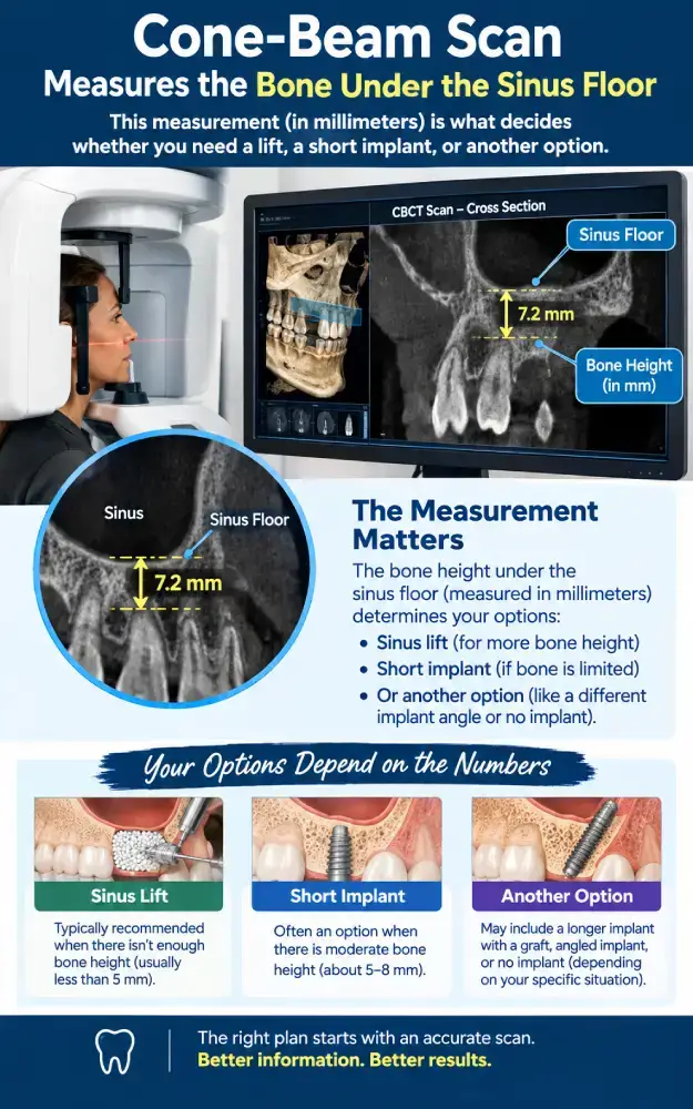 Cone-beam CT scan measuring bone height under the sinus floor before an upper back implant in Murrieta, CA