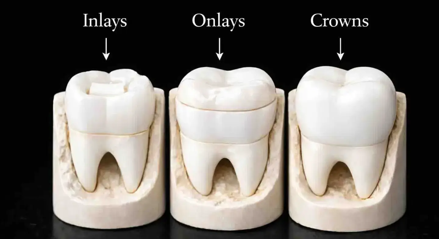 Ceramic onlay next to a full ceramic crown on a model molar at Promenade Dental Care in Murrieta