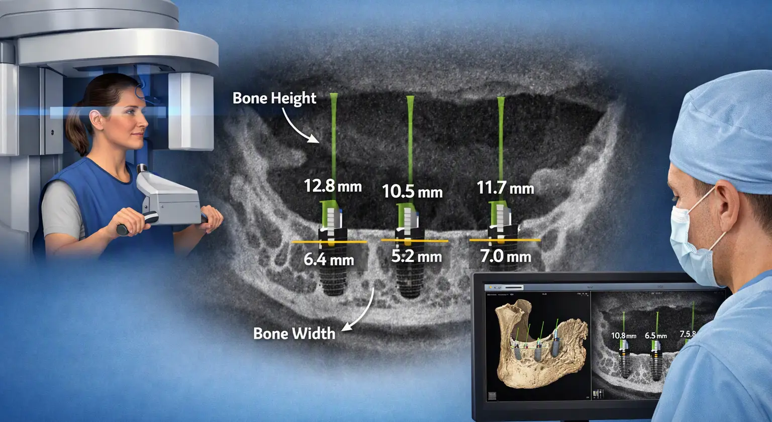Cone-beam CT cross-section of a lower jaw measured for two implants at Promenade Dental Care in Murrieta