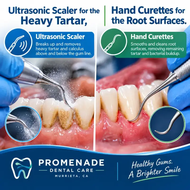 Ultrasonic scaler and hand curettes used for scaling and root planing at a Murrieta dental office
