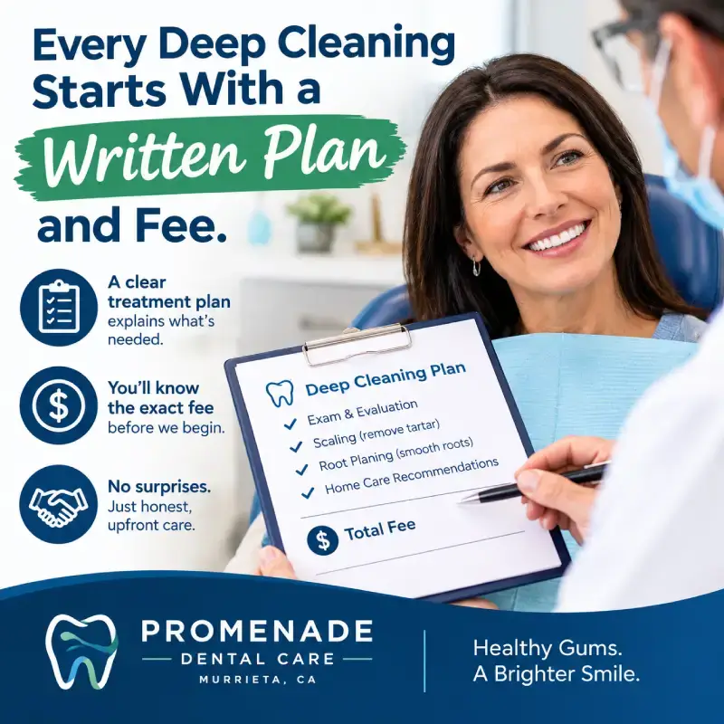 Written treatment estimate for a full mouth deep cleaning reviewed with a patient at Promenade Dental Care in Murrieta