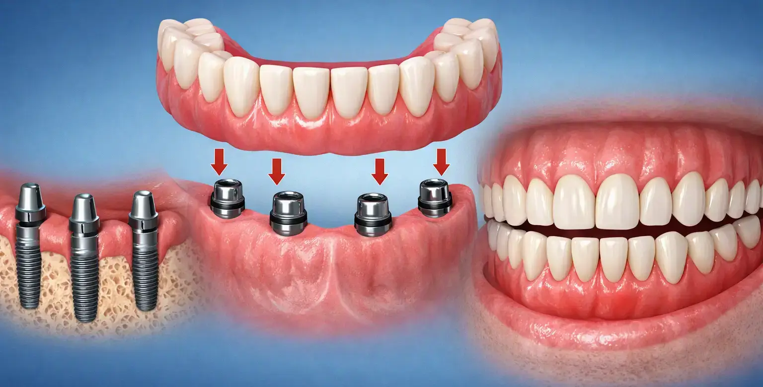 Dr. Bao Nguyen showing a Murrieta patient a snap-on implant denture model at Promenade Dental Care