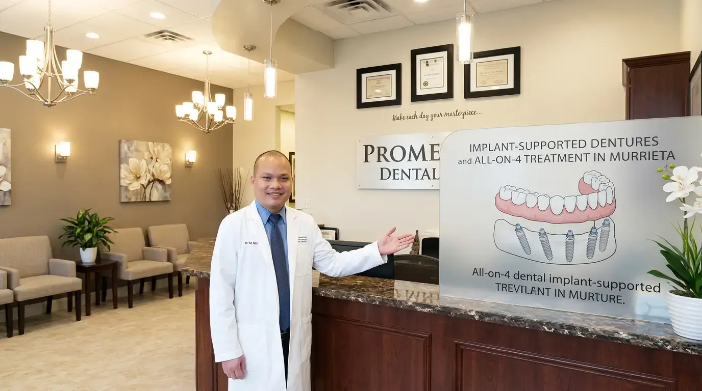 Implant-supported denture and All-on-4 fixed full-arch prosthesis options at Promenade Dental Care in Murrieta, CA