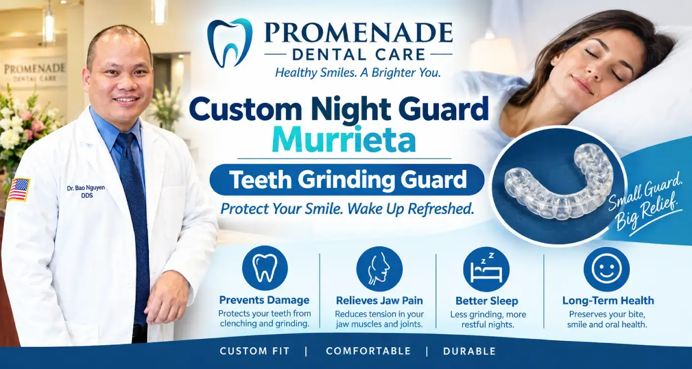 Dr. Bao Nguyen fitting a custom hybrid acrylic night guard for a teeth-grinding patient at Promenade Dental Care in Murrieta, CA