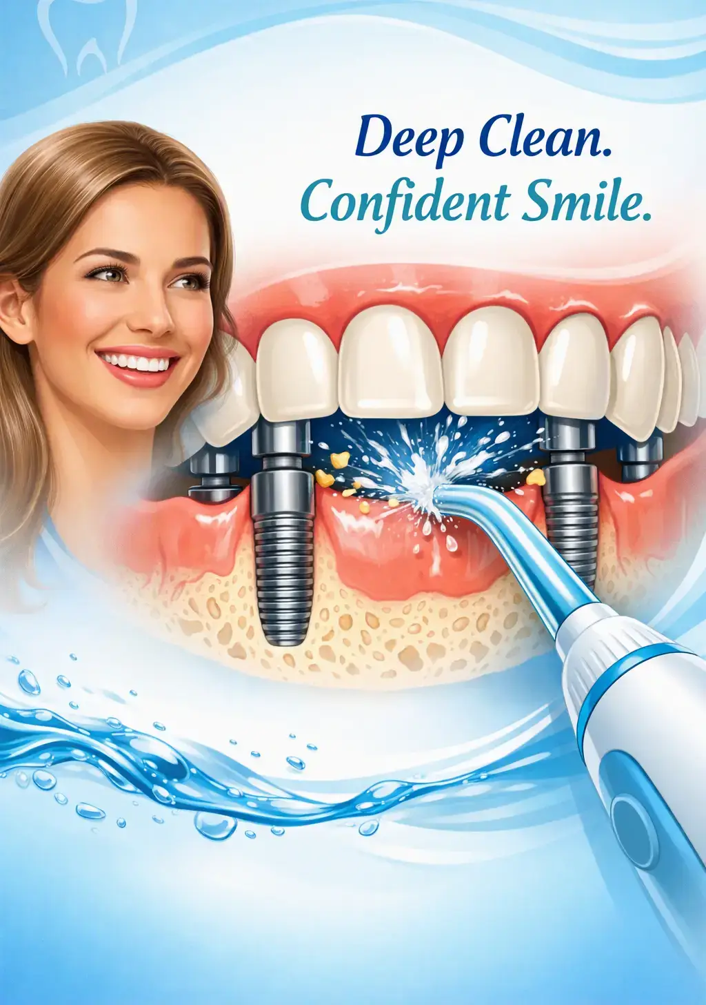 Patient using a water flosser under a fixed full-arch implant bridge