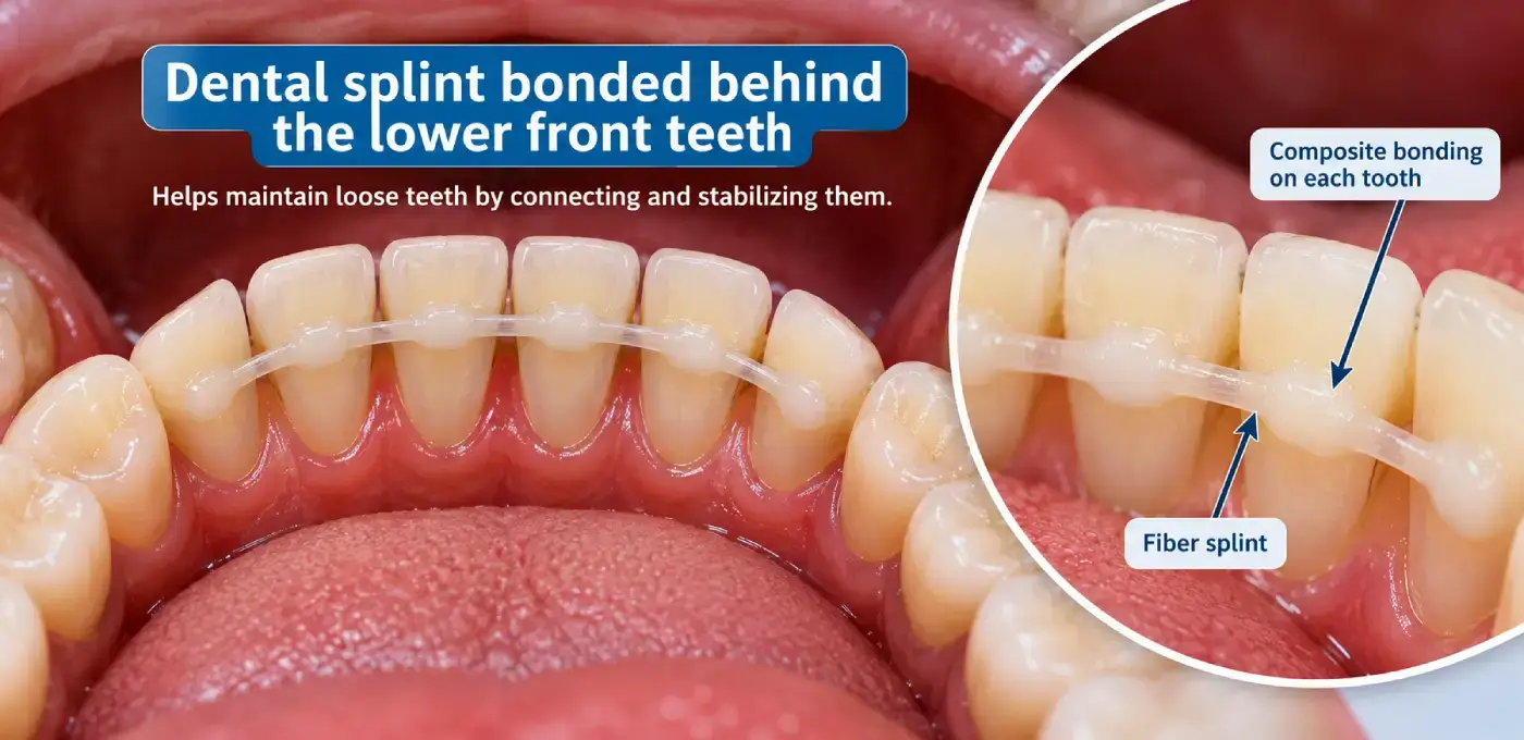 Fiber splint bonded behind lower front teeth
