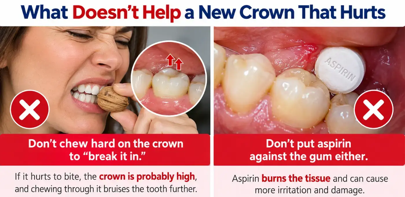 What doesn't help a new crown that hurts: chewing hard on the crown to 