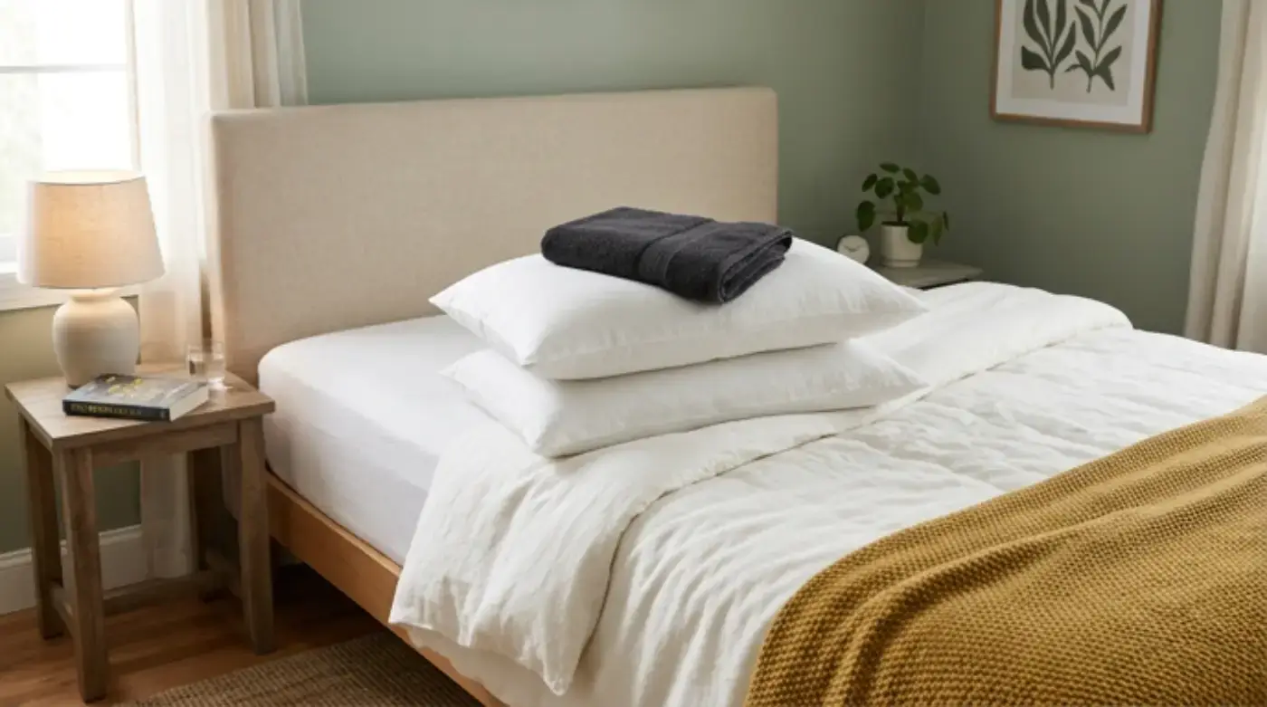 bed with two stacked pillows and a dark towel on top