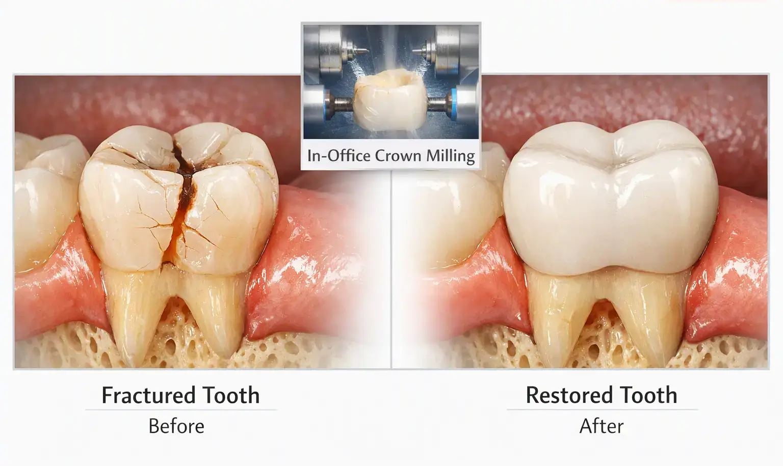 Broken molar before and after a same-day ceramic crown at Promenade Dental Care in Murrieta