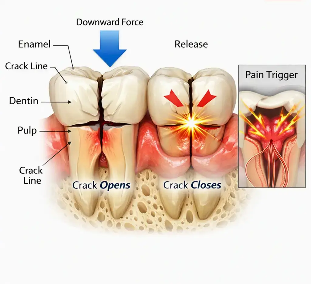 diagram of a crack line opening on bite and closing on release