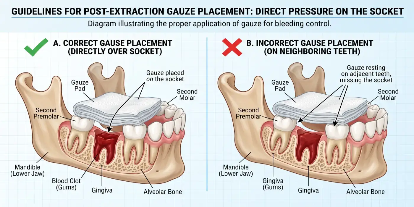 diagram showing a thick gauze pad placed directly on a lower molar