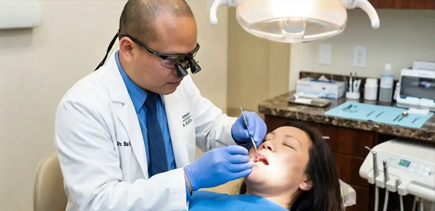 Dr. Nguyen checking tooth mobility for a patient in Murrieta