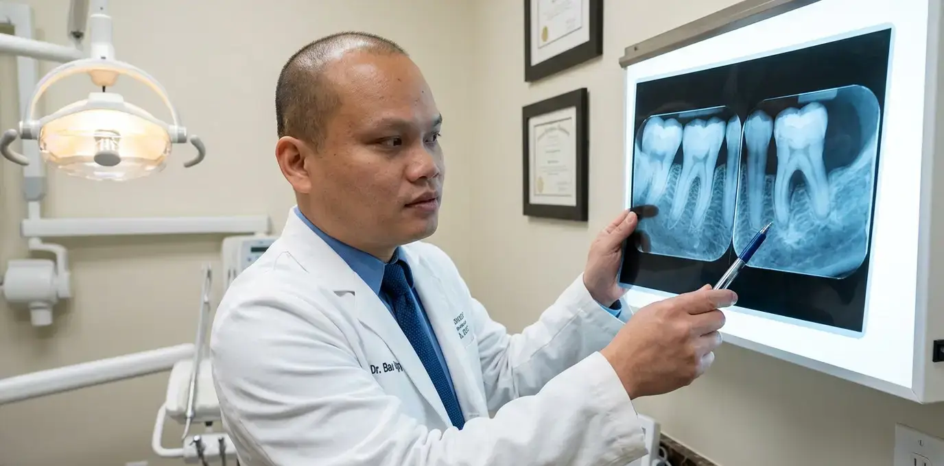 dental X-ray showing reduced bone level around a loose tooth