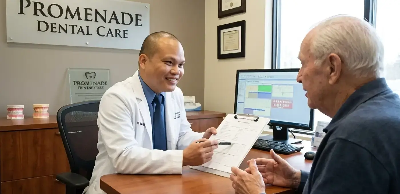 Dr. Bao reviewing dental history with a patient