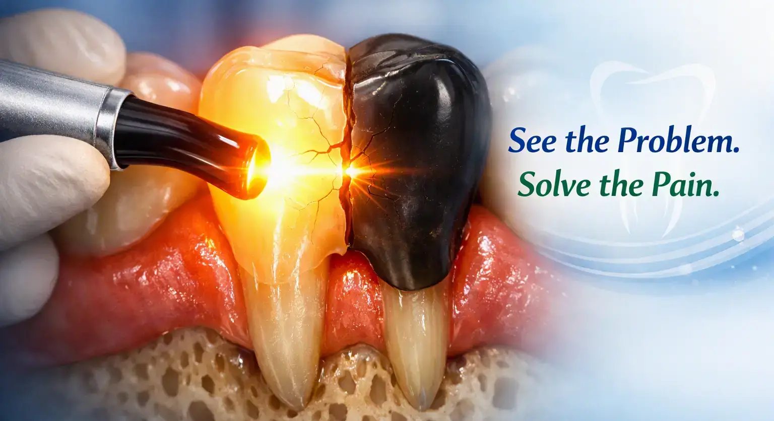 Transillumination revealing a crack line on a molar