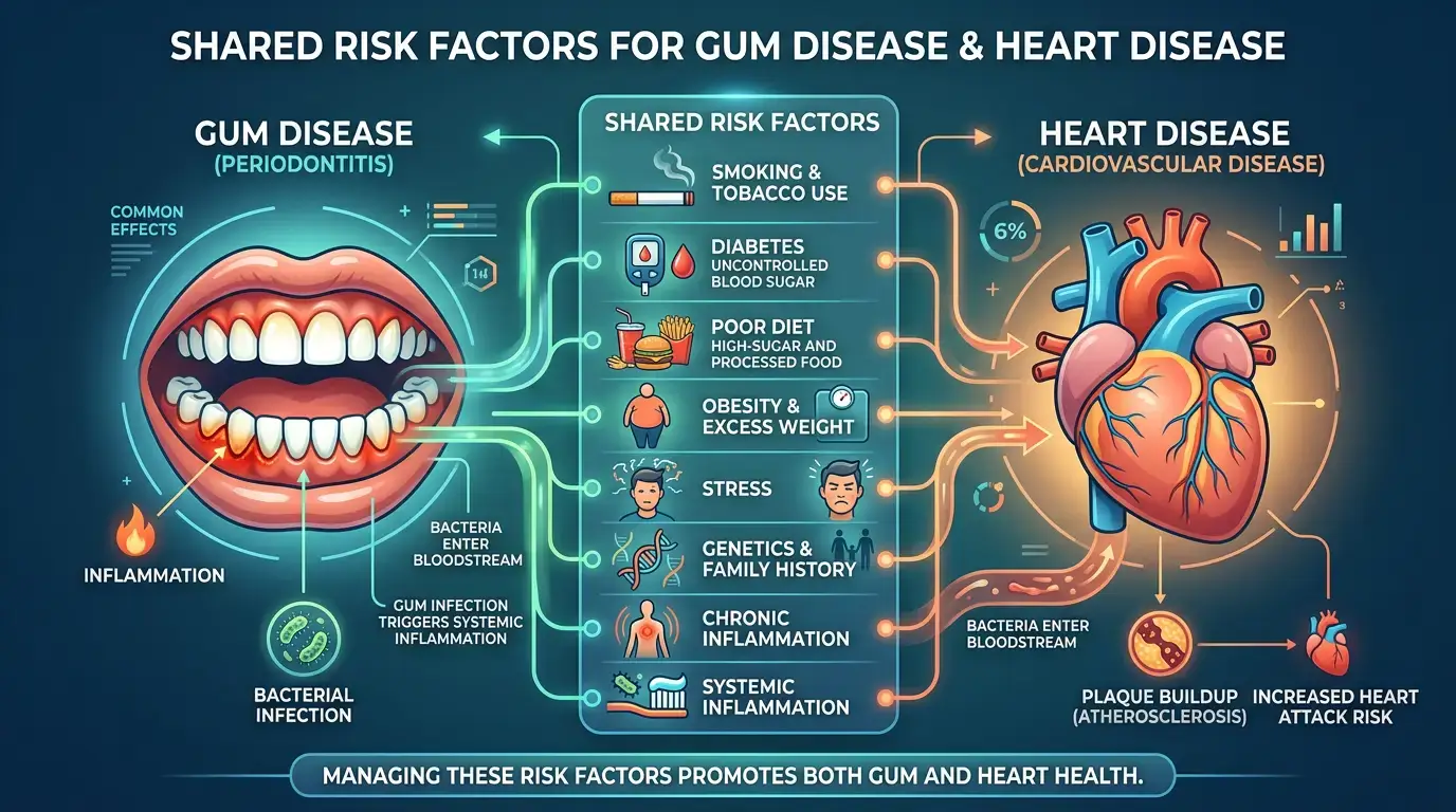 Graphic showing smoking, diabetes, and age as shared risk factors for gum and heart disease