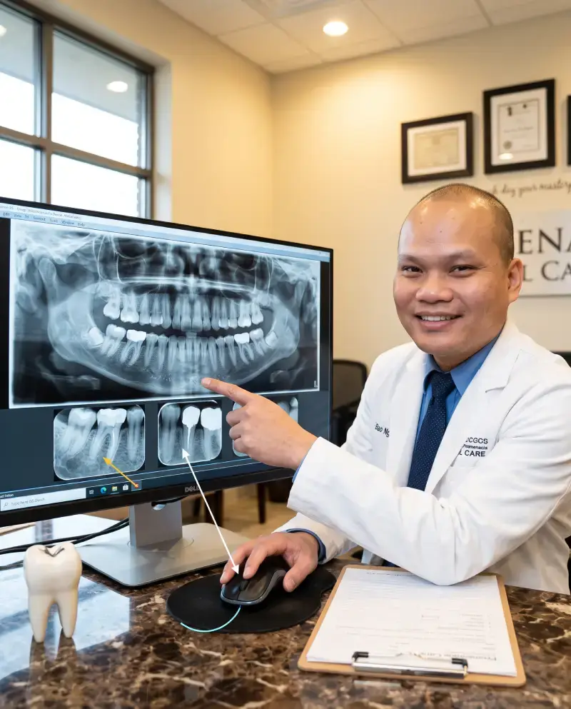The X-ray shows the bone at the root tip and the seal at the crown's edge.
